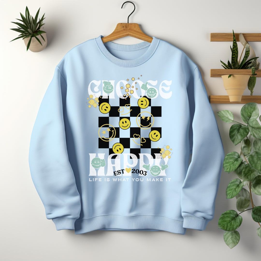 Choose Happy Checkerboard Personalized  Crewneck Sweatshirt