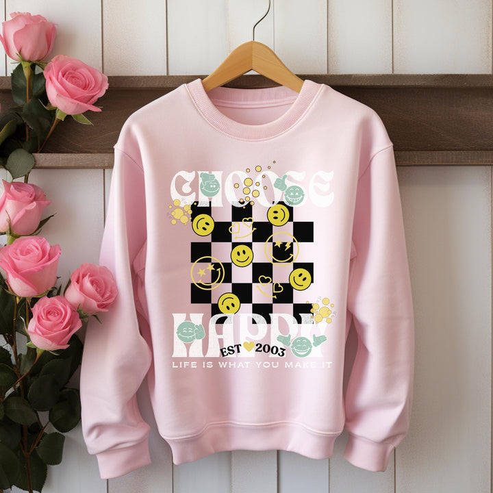 Choose Happy Checkerboard Personalized  Crewneck Sweatshirt