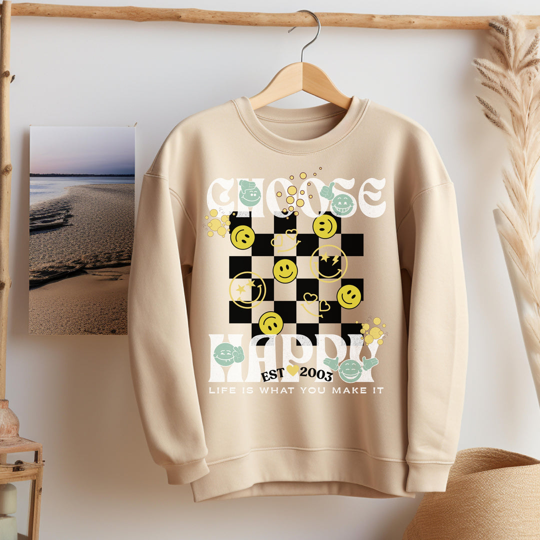 Choose Happy Checkerboard Personalized  Crewneck Sweatshirt